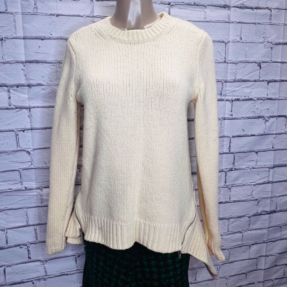 Alexander Wang Womens Zipper Cream Knit Asymmetric Merino Wool Blend Sweater Med